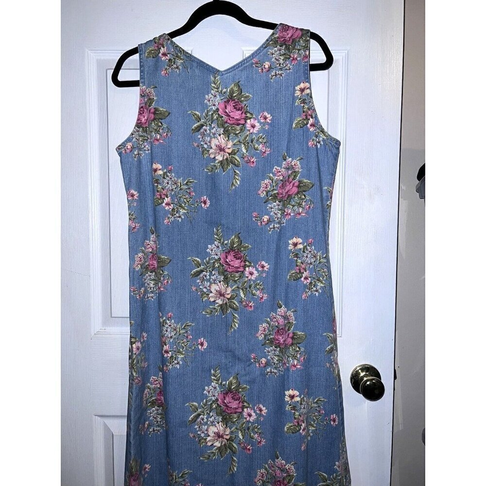 LIZ CLAIBORNE Y2K Jean Jumper Light Blue Pink Roses Cottagecore Dress Sz 10 - Picture 10 of 15